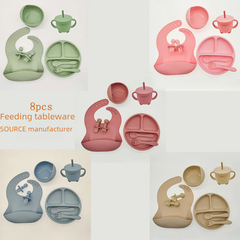 8-Piece Baby Silicone Feeding Set with Plates and Utensils